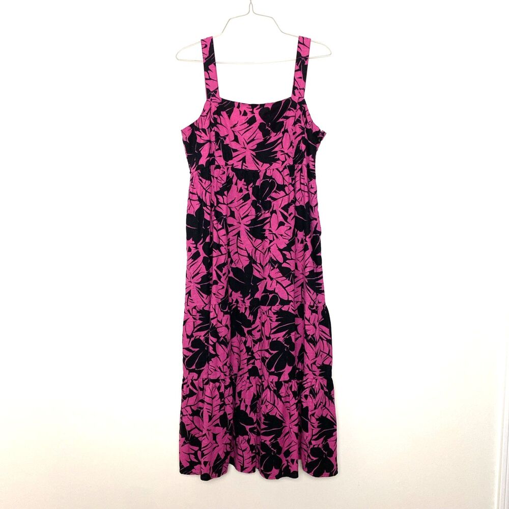 Michael Kors Midi Sundress Size M Pink Black Floral Linen Blend Adjustable Relax